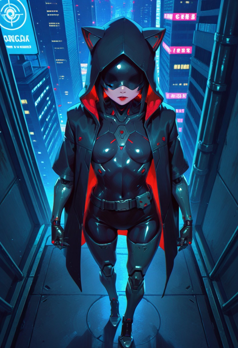 absurdres, masterpiece, best quality, very aesthetic, HDR, 8K, ultra-detailed, anime, 748cmstyle, full body, standing, cyberpunk, cyber city, from above,
1girl, FelinaFo, solo, cyborg, mask, red lips, no eyes, hood up, hooded cloak, mechanical arms, belt, mechanical legs, high heels, shiny skin, (skinny),
