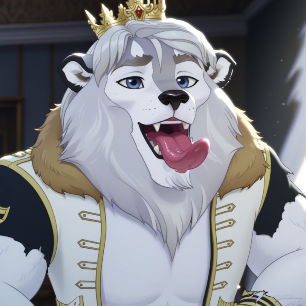 score_9, score_8_up, score_7_up, source:furry, dynamic lighting, detailed background, bedroom background,  anthro, furry, male, 1boi, (headshot), solo, (detailed face, detailed eyes),
BREAK
DCharming_Beast, Daring Charming, Ever_after_high, Beast, Husky-Lion Hybrid, white fur, black nose, blue eyes, gold eyebrows, husky tail, curled tail, huge paws, snout, black ear markings, silver mane, white-and-gray hair, muscular body, torn letterman jacket, letterman jacket, torn clothes, torn jeans, jorts, rope-belt, tied belt, torn sleeves, torn cuffs, crown, huge hands, hairy arms, hand-paws, black claws, black nailpolish, three toes, digitgrade legs
BREAK
Licking, tongue out, orgasm, o-face, in pleasure
<lora:add-detail-xl:1.5>