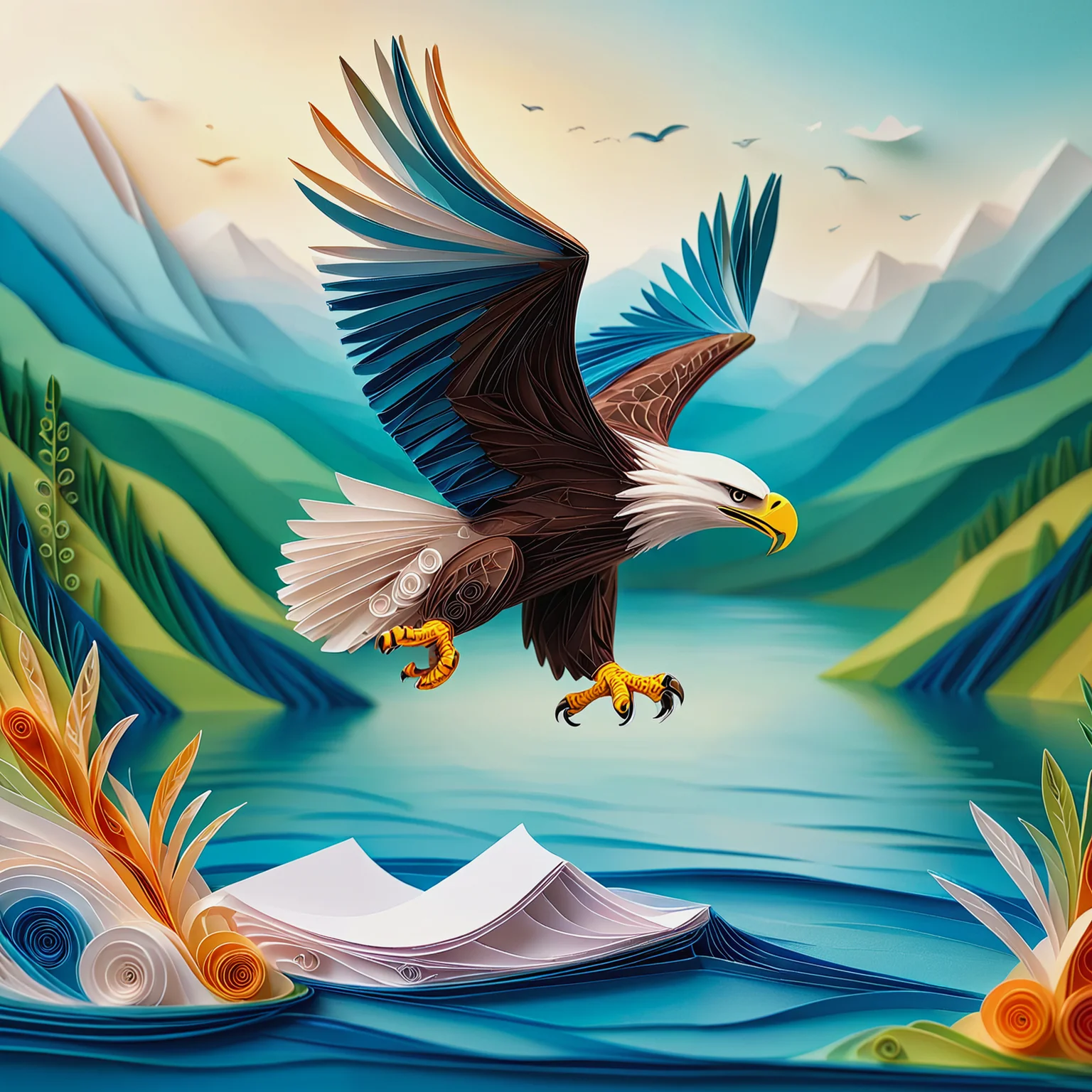 Made of paper.
3D art. Depth of field. Bokeh. Eagle swooping over a lake.
<lora:Quilling01_CE_XL_300-OT:0.6> qlngCE_style