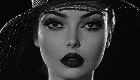 <lora:50s_Noir_Movie-000005:1> ArsMovieStill, 50s Noir Movie Still, The image is a black and white portrait of a woman's face. She is wearing a large wide-brimmed hat that covers her head and extends to her forehead. The hat is black and appears to be made of a shiny material possibly fabric or a similar material. The woman's eyes are closed and her expression is peaceful and serene. She has long dark eyelashes and her lips are painted with a bold dark lipstick. The background is completely dark making the woman the focal point of the image. The lighting is dramatic highlighting her features and emphasizing her features.