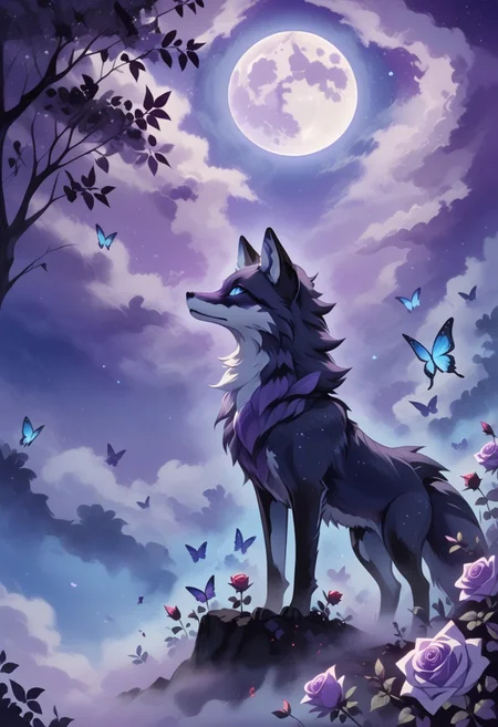 abstractzyrnox, abstract, abstract art, butterfly, blue, purple, white, fog, cinematic, purple sky, cloud, moon, ((black fox, animal, creature), rose, blue eyes)

