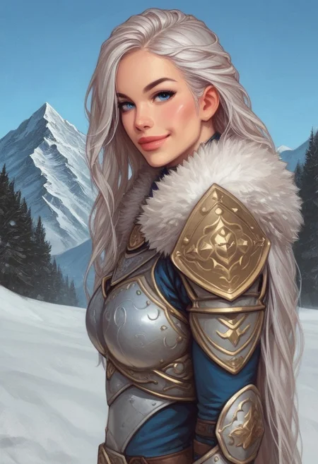 1girl, ((side view))), illustration, looking at viewer, highly detailed, from front, 1girl, illustration, looking at viewer, highly detailed, skinny, looking at viewer, 1girl, masterpiece, best quality,
raw, movie poster, masterpiece, extremely detailed, hyperrealism, photo, perfect anatomy, magnificent young warrior princess, full body, dramatic lighting, shadow play, romantic, heroism, epic, determination, proud, eternal beauty, detailed face, very long hair, very dark brown hair, beautiful blue eyes, battlefield background, massive plate armor, masculine body, muscular, heavy arms armor, red cape, fur collar, sword, BREAK
slight smile, looking at viewer, fur coat, dynamic pose,
BREAK
long hair, silver hair, hair over one eye, blue eye, big hair, dynamic pose
BREAK
best quality, depth of field, bokeh, (((full clothed))), ((ready to fight, holdind big sword in hands, big two-handed sword in hands)), highlander
BREAK
(((((snow, stones, mountains))))) score_9, score_8_up, score_7_up, score_6_up, source_cartoon, rating_explicit, Expressiveh, (((((upper body))))), dynamic pose