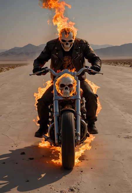 __Ghost Rider __
__Wide shot__
__Full shot__
((Flaming Harley Davidson)), speeding across a desolate salt flat, leaving a ((trail of fire)) in its wake. A ((((flaming skeletal rider)))) in a leather jacket, ((flaming skull)), ((burning skull)), wreathed in flames, grips the handlebars. [Background:0.5], (inferno:1.5), (speed:1.2), low camera angle, dramatic perspective, by Alex Ross, (masterpiece, award winning artwork) many details, extreme detailed, full of details, Wide range of colors, high Dynamic <lora:add-detail-xl:1> <lora:WildcardX-XL-Detail-Enhancer:0.9> <lora:aidma-Image Upgrader-v0.1:1> <lora:SDXLFaeTastic2400:0.085> <lora:MJ52:0.185> <lora:sinfully_stylish_SDKL:0.11> <lora:casting shadow style v2:0.1> <lora:CinematicStyle_v1:0.42> casting shadow style, cucoloris patterned illumination