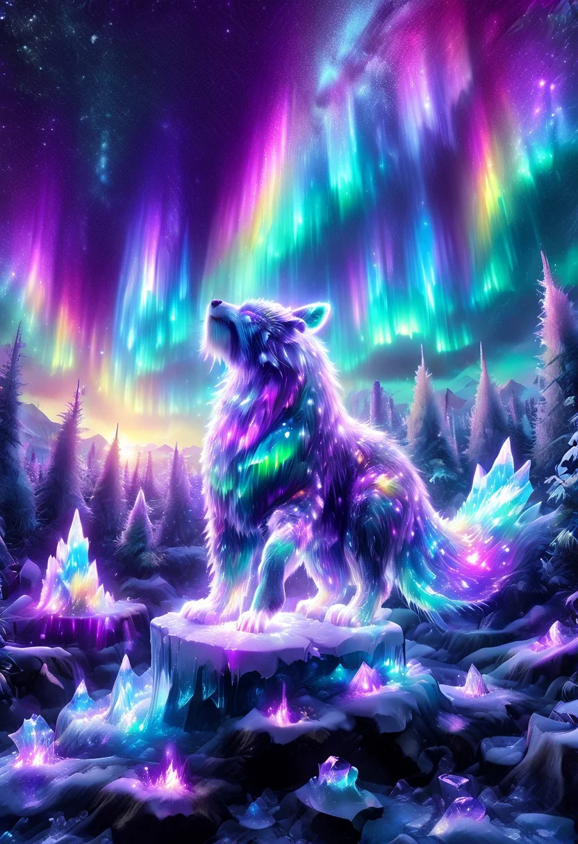 lazympos, morph-aurora, A platinum-tier animal sitting in an aurora-lit crystal forest, prismatic light shards refract through ice formations, glowing celestial patterns dance across its obsidian collar, hyper-detailed fur texture with rainbow iridescence, 8k resolution.