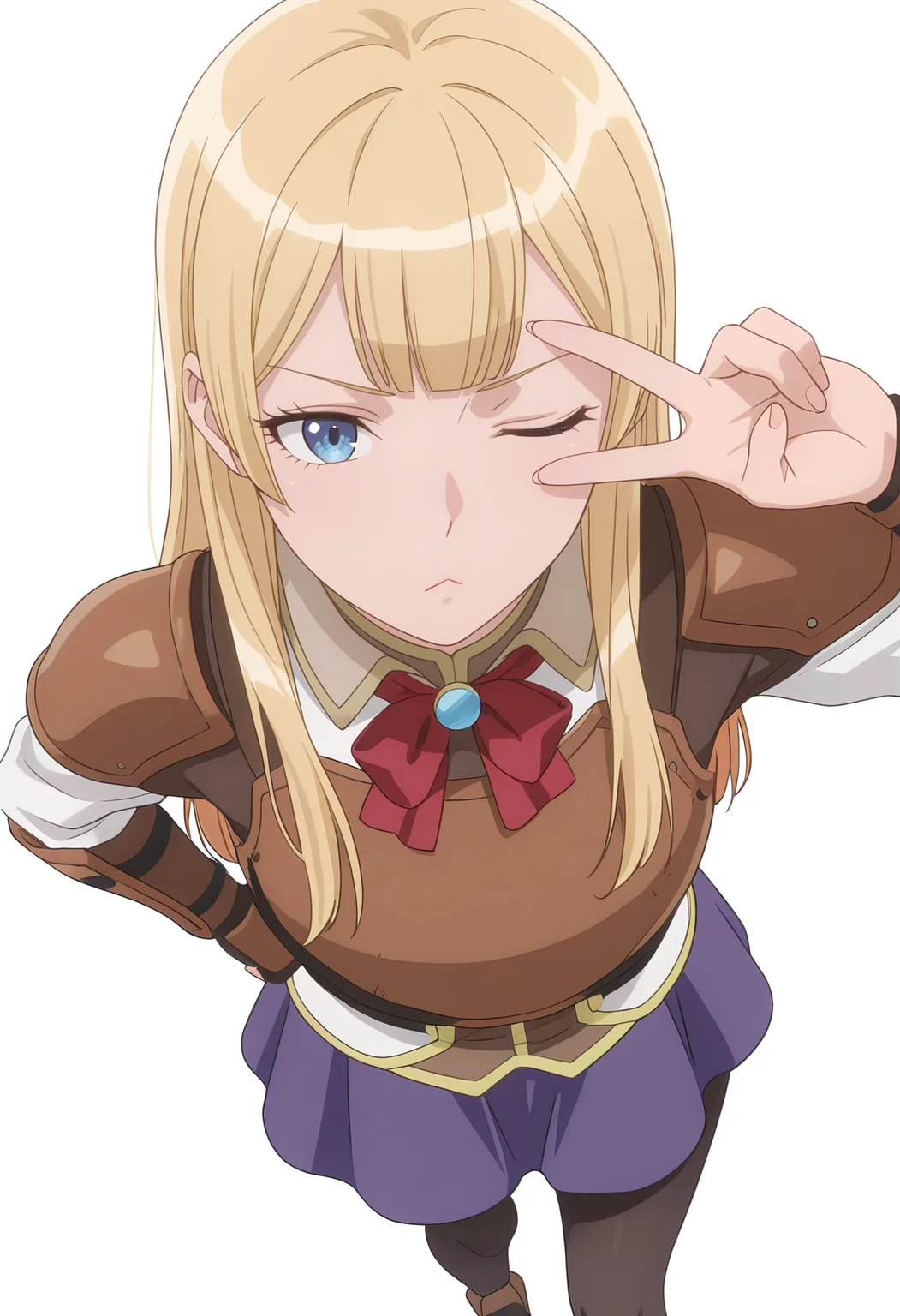Smooth Quality,masterpiece,beautiful aesthetic, very intricate, high quality details, ultra realistic, high detailed skin,
simple background, white background,
from above,;<,v over eye,
<lora:Rembrandt_Sifcnn:0.7> RembrandtSif/cnn, 1girl, solo, long hair, blonde hair, blue eyes,
pantyhose, skirt, black pantyhose, armor,