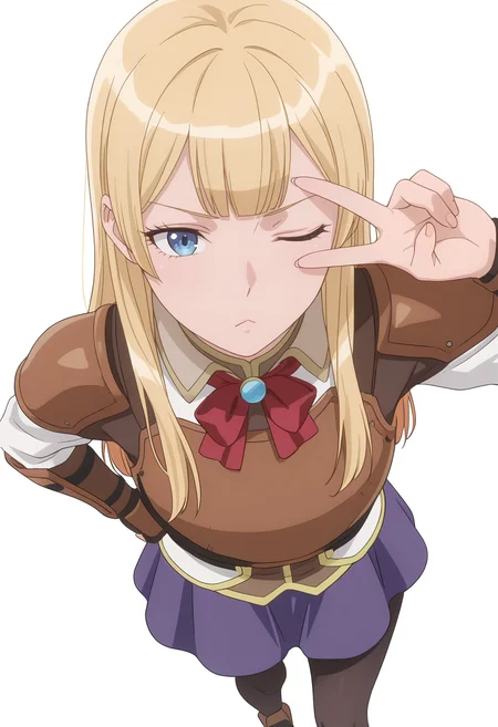 Smooth Quality,masterpiece,beautiful aesthetic, very intricate, high quality details, ultra realistic, high detailed skin,
simple background, white background,
from above,;<,v over eye,
<lora:Rembrandt_Sifcnn:0.7> RembrandtSif/cnn, 1girl, solo, long hair, blonde hair, blue eyes,
pantyhose, skirt, black pantyhose, armor,