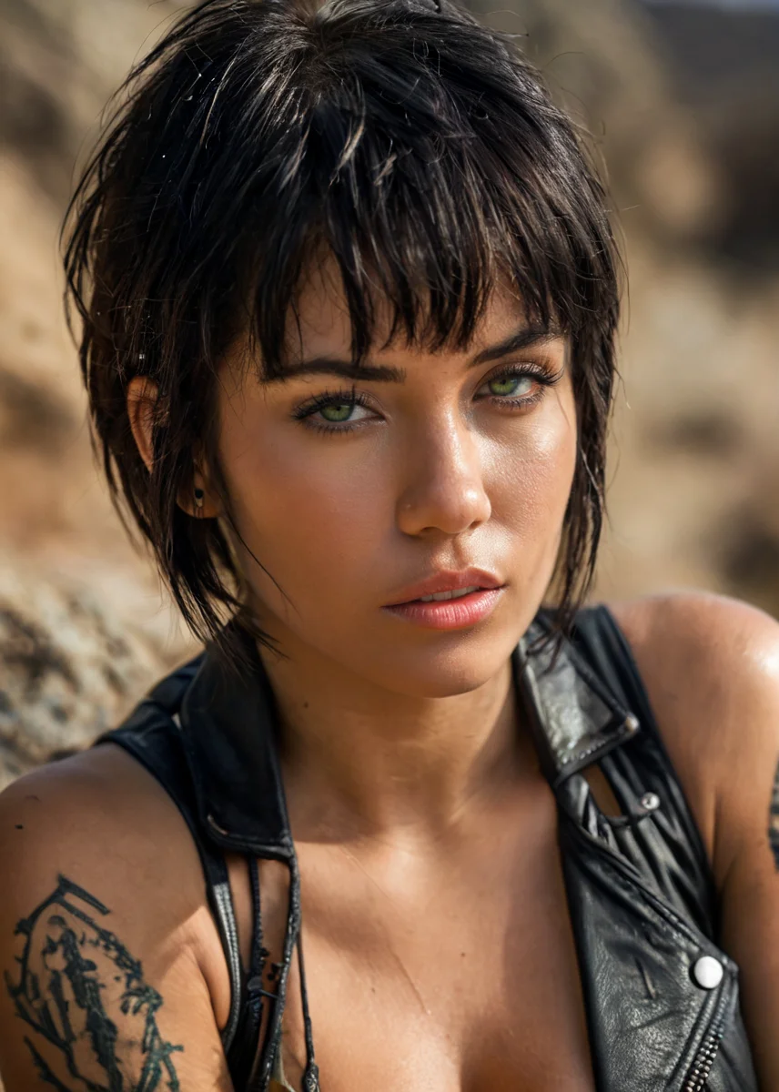 Photo, masterpiece, best quality, dramatic angle, Photo, masterpiece, best quality, dramatic angle, art by luis royo:1.5, cyberpunk fantasy, masterpiece, closeup portrait, daylight, 1girl, (side-view), sexy voluptuous girl, short hair, black hair, leather jacket with tank top, baddass face, leather pants, Green eyes, seductive, posing, black leather belt, mountain background, sweaty, arm tattoos, looking at viewer, sit on a motorbike trail, side portrait (breasts), direct gaze, grey mountain, <lora:mjv6:0.6> <lora:MS_KMXD_SDXL_V1:1> , intricate details, cinematic, good lighting, vibrant colors, (high quality texture), (sharp), (artistic image), 8K, detailed, dynamic, depth of field, intricate, <lora:add-detail-xl:0.8>, intricate details, cinematic, good lighting, vibrant colors, (high quality texture), (sharp), (artistic image), 8K, detailed, dynamic, depth of field, intricate, <lora:add-detail-xl:0.8>