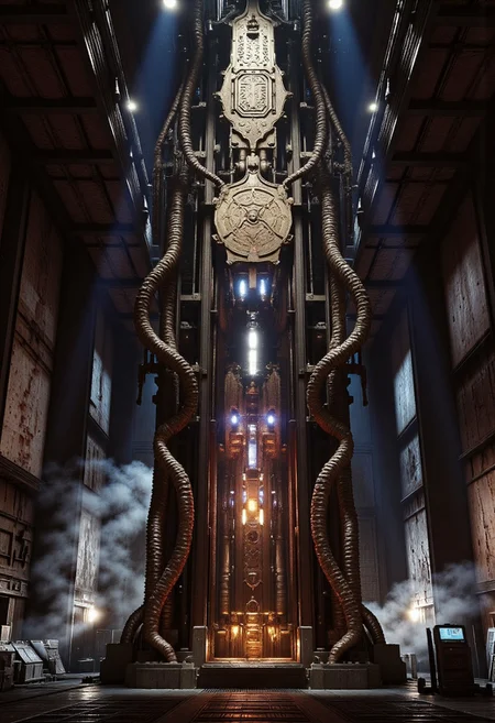 Inside a dim, industrial SCP Foundation containment chamber stands a towering, organic-mechanical structure — SCP-003, known as the "biological motherboard." Its surface is a fusion of pulsing organic mass and high-tech components, rising like a grotesque monument.
The structure is covered in thick, writhing tentacles that extend outward, some coiling around metallic support beams, others merging with the floor and surrounding data consoles. Across its body are etched glowing anomalous runes, softly flickering with pale blue and violet light, shifting patterns as if alive.
Numerous cables and fiber-optic wires connect the entity to wall-mounted SCP monitoring equipment. Along its surface, small arcs of electricity leap intermittently between implants and interface nodes, generating brief flashes of white and blue light that illuminate the containment chamber.
Steam rises from cooling vents, and warning lights flicker in the background. Around the base of the entity are sensor pylons, control panels, and half-dismantled equipment scorched by previous overloads. The entire environment radiates tension, mystery, and latent power, as if the machine is sentient and evolving.
The tone is dark and biomechanical, blending alien intelligence, arcane design, and advanced SCP technology, rendered in cinematic detail with rich textures and volumetric lighting, (Neon Mecha-Horror Style, In REME's Charnel Mechanica style,)