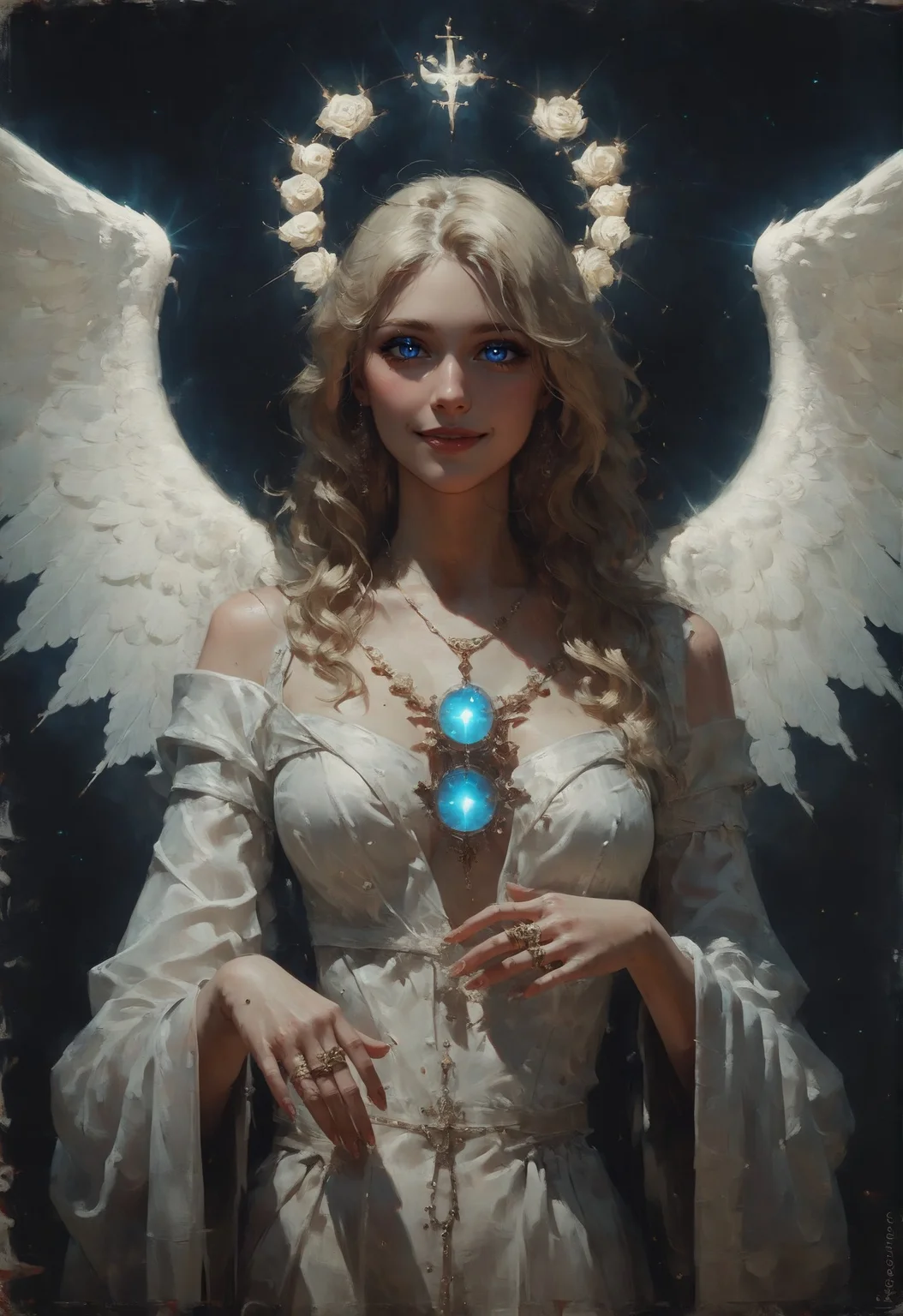 score_9, score_8_up, score_7_up, woman, portrait, angelic, (glowing, luminescent:1.3), curvy, perfect curves, blue eyes, smile, gold jewelry, golden nimbus, standing, intricate, large wings, otherworldly beauty, transfiguration, ceremonial white robe, blue trim, fringe, over blue water, sunlight, ocean, (atmospheric perspective:1.3), blonde hair <lora:sdxl/pony_twilight_style:0.8> <lora:sdxl/pony_vixon_gothic_oil_style:0.7> d4rk01l