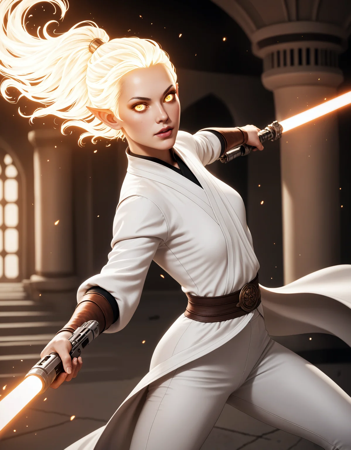 score_9,score_8_up,score_7_up, a beautiful tiefling jedi at coruscant, action pose, fighting, arched back, jedi temple, lightsaber, burning hair, glowing hair, short hair, high ponytail, small breasts, looking at viewer, rating_safe, robes, white leather pants,