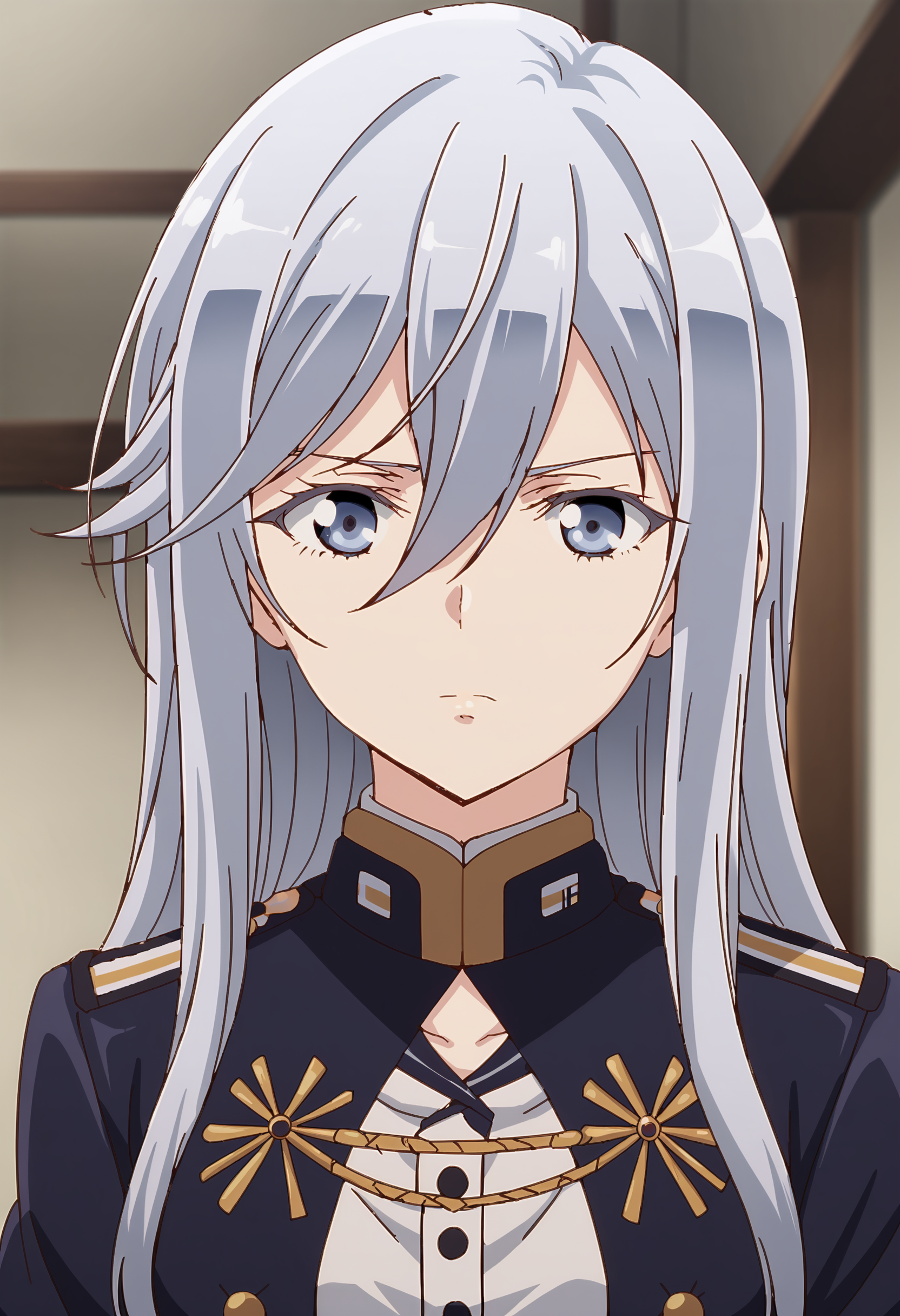 EBLena, 1girl, long hair, looking at viewer, blue eyes, hair between eyes, closed mouth, upper body, grey hair, solo focus, blurry, uniform, grey eyes, military, military uniform, blurry background, 
 <lora:VladilenaMilize-09:0.9>, <lora:xl_more_art-full_v1:0.8>