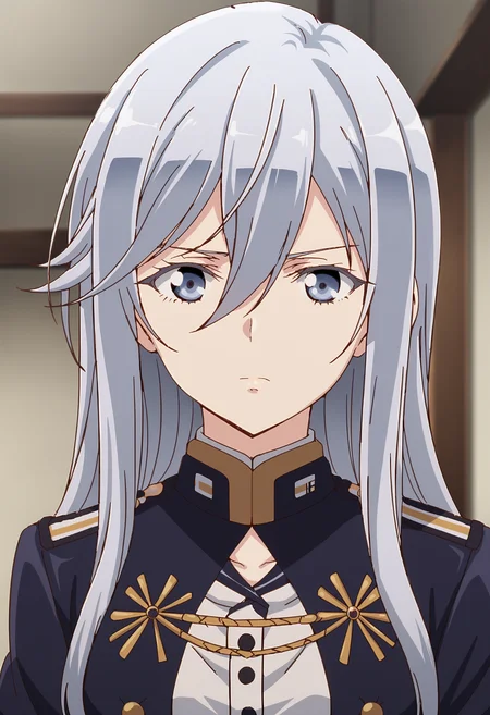 EBLena, 1girl, long hair, looking at viewer, blue eyes, hair between eyes, closed mouth, upper body, grey hair, solo focus, blurry, uniform, grey eyes, military, military uniform, blurry background, 
 <lora:VladilenaMilize-09:0.9>, <lora:xl_more_art-full_v1:0.8>