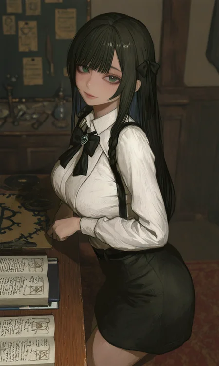 very awa,  <lora:748cm-NoobEPS100-lokr-v03-000080:1.0>, 748cm, (makiri akira:0.4), <lora:alina.il:1.0>, realistic, <lora:ponyv6_noobV1_2_adamW-000017:0.2>,  1girl, alina, long hair, black hair, green eyes, black skirt, miniskirt, desk, medieval,  masterpiece, [best quality:0.15], newest, absurdres, very aesthetic, best quality