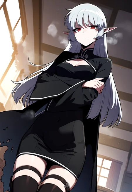 score_9, score_8_up, score_7_up, score_6_up, source_anime, rating_explicit, <lora:neg4all_bdsqlsz_V3.5:2.0>1girl, (solo:1.1), medium breasts, <lora:Alice von Ataraxia youngponyxl:1> long hair, red eyes, grey hair, white hair, pointy ears, cape, cleavage cutout, black dress, short dress, cleavage, covered navel, wide sleeves, long sleeves, black thighhighs, thigh strap, expressionless, Narrow shoulders, heavy breathing, steaming body, living room, indoors, looking at viewer, crossed arms