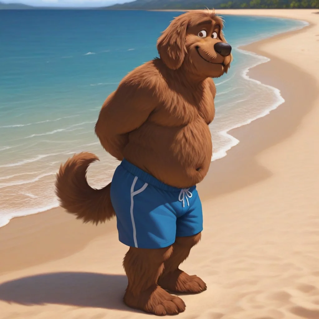 Duke(TSLoP), Solo, 1boy, anthro, dog, dog boy, brown fur, brown eyes, shaggy fur, dog tail, black nose, full body, looking at viewer, smile, standing, hands behind back, chubby figure, blue swimming trunks, beach setting,