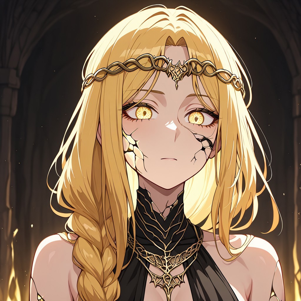 masterpiece, best quality, newest, absurdres, highres, 
INFMixV1.0,
1girl, queen marika the eternal (elden ring), bare shoulders, black dress, circlet, gold circlet, cracked skin, halter dress, halterneck, long hair, yellow eyes, braid, braided hair, long braid, blonde, blonde hair,