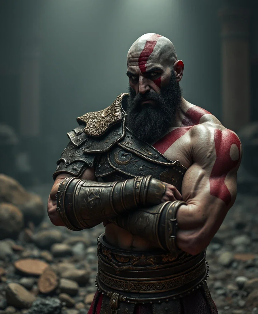 A hyper-realistic cinematic photograph of Kratos from God of War, standing firmly with his arms crossed. He is dressed in armor and depicted in all his battle-worn glory. The background is a dark and gritty battlefield with dramatic lighting, casting sharp shadows and highlighting his muscles and armor. photography, shadows, raw photo, detailed, realistic, photograph, cinema quality