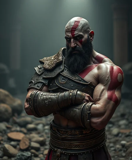 A hyper-realistic cinematic photograph of Kratos from God of War, standing firmly with his arms crossed. He is dressed in armor and depicted in all his battle-worn glory. The background is a dark and gritty battlefield with dramatic lighting, casting sharp shadows and highlighting his muscles and armor. photography, shadows, raw photo, detailed, realistic, photograph, cinema quality