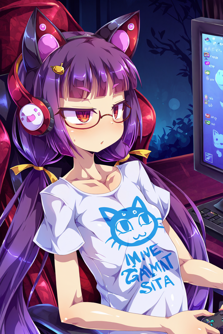 shiny skin, posing,
<lora:toraishi.il:1>,
oldishi, 
gaming chair, monitor, controller, 
half-closed eyes, bags_under_eyes ,
upper body, printed shirt, 
night, dark,, (purple hair:1.2), very long hair, low pigtails, hime cut, 
red eyes, glasses, hairpin, cat headphones,  
hairpin,