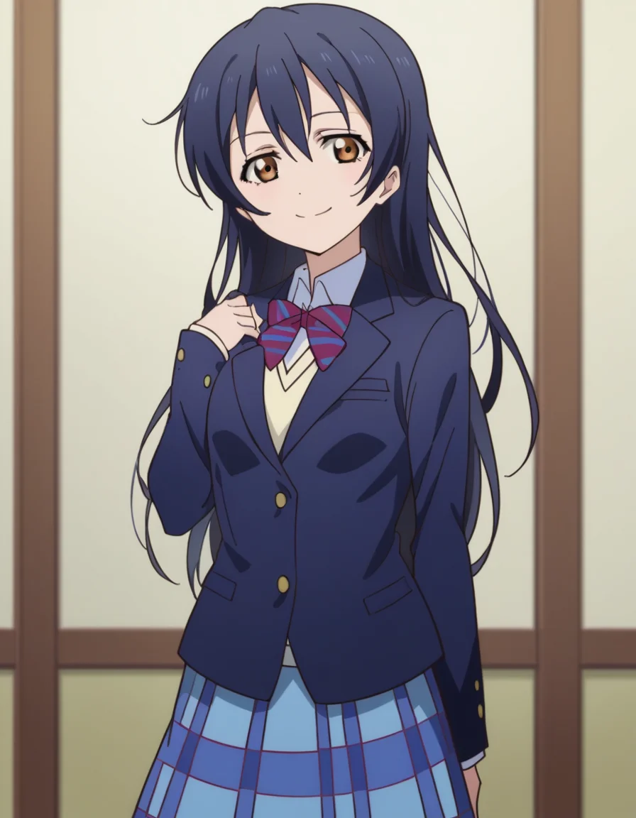 score_9, score_8_up, score_7_up, source_anime, <lora:umi-sonoda-s1-ponyxl-lora-nochekaiser:1>, umi sonoda, long hair, bangs, hair between eyes, brown eyes, blue hair,, skirt, school uniform, jacket, blazer, winter uniform, otonokizaka school uniform,, indoors, smile, looking at viewer, solo,, cowboy shot, dutch angle