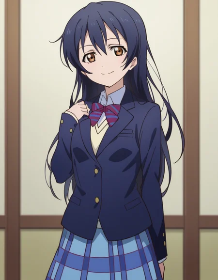 score_9, score_8_up, score_7_up, source_anime, <lora:umi-sonoda-s1-ponyxl-lora-nochekaiser:1>, umi sonoda, long hair, bangs, hair between eyes, brown eyes, blue hair,, skirt, school uniform, jacket, blazer, winter uniform, otonokizaka school uniform,, indoors, smile, looking at viewer, solo,, cowboy shot, dutch angle