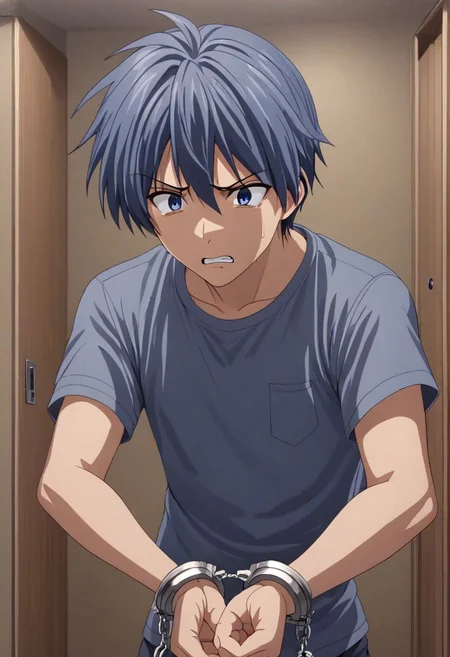 high resolution, solo, best quality, 1Boy, Tomoya Okazaki, Grey Blue Hair, arrested, restrained, struggling, handcuffs, interrogated, interrogation room, OverallDetail