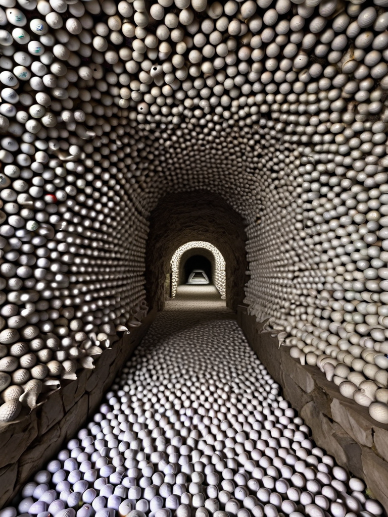 <lora:g0lfb4lls_v2:1>, high quality, high resolution, dark catacombs, made of golf balls