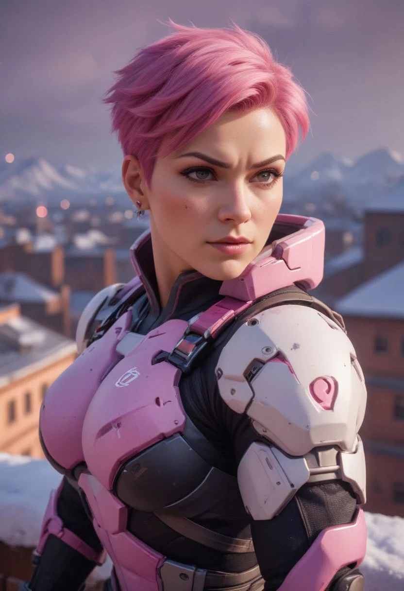 Zarya from Overwatch, short pink hair, (beautiful muscles), huge perky bust in an uncomfortable pose, cinematic shot, snowy rooftop, dynamic lighting, 75mm, Technicolor, Panavision, cinemascope, sharp focus, fine details, 8k, HDR, realism, realistic, key visual, film still, cinematic color grading, depth of field