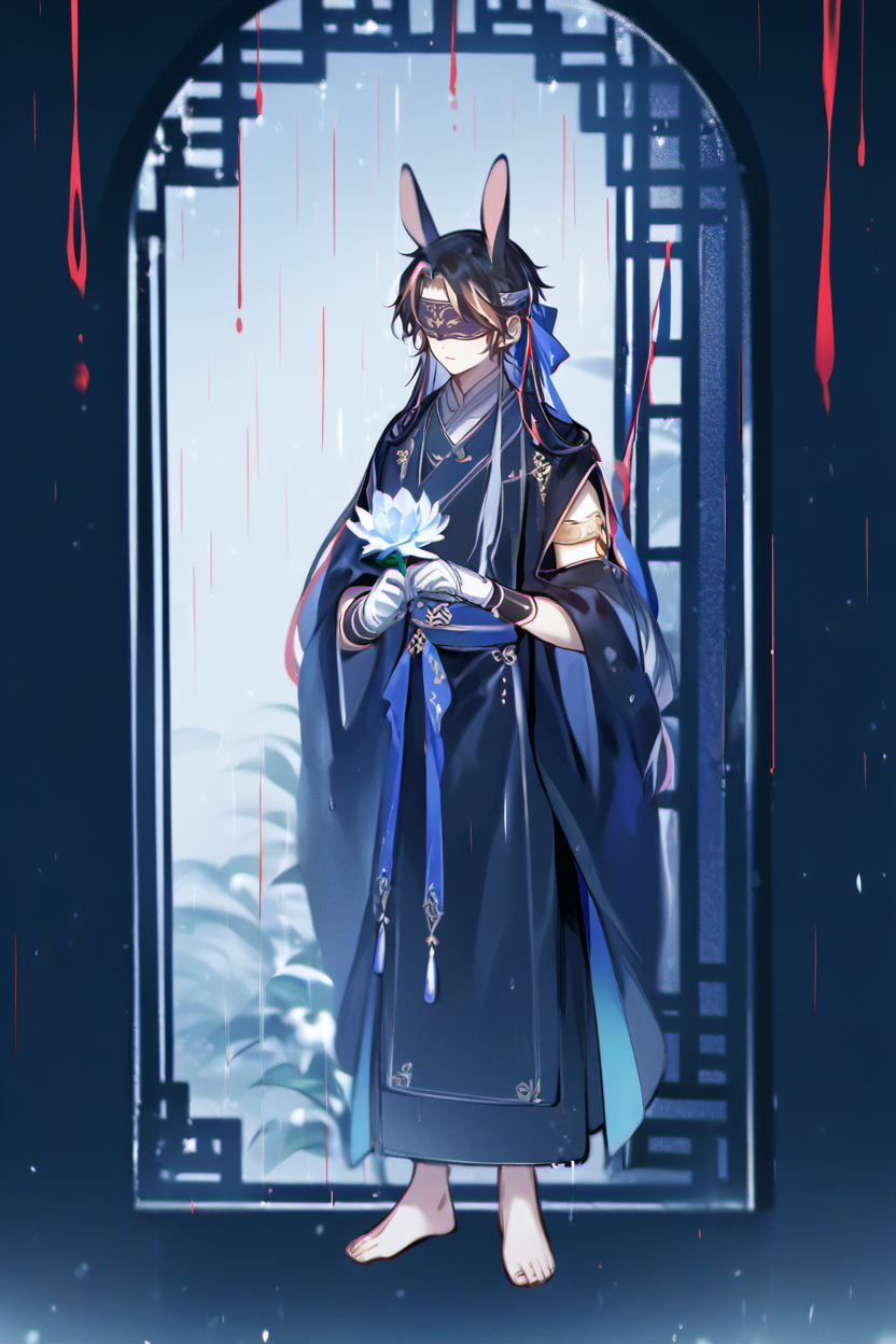 score_9, score_8_up, score_7_up, masterpiece, best quality, 1boy,
stariwei_style,  expressionless,white gloves, holding flower, string of fate, blindfold, rain, black robe, solo, mask, window, armlet, blue bow, hood, rabbit boy, chinese clothes, alternate hairstyle, barefoot, multicolored hair
 <lora:StariweiStyle:1>