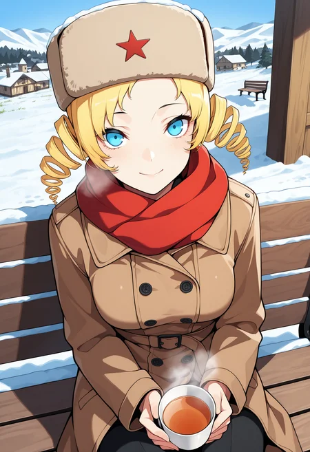 masterpiece,best quality,amazing quality,  BREAK  <lora:CatyuhaClassic:1> catyuha, 1girl, blonde hair, short hair,twin drills, blue eyes, medium breasts, brown coat,black pants,sitting on the bench,russian village,holding cup of tea,steam,spirng,snow,green grass,cute smile,,looking at viewer,day,ushanka hat with red star,red scarf,  (<lora:StS_PonyXL_Detail_Slider_v1.4_iteration_3:1>:0.7)