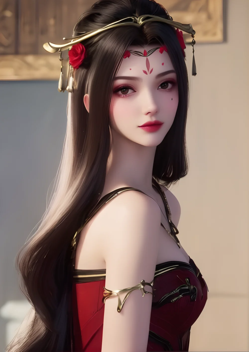 profile,ultra realistic 8k cg,picture-perfect face,flawless,clean,masterpiece,professional artwork,famous artwork,cinematic lighting,cinematic bloom,perfect face,beautiful face,beautiful eyes,fantasy,dreamlike,unreal,science fiction,absurdly long hair,very long hair,(rich:1.4),detail,delicate pattern,charming,alluring,seductive,erotic,enchanting,hair ornament,looking at viewer,sexy,charming,alluring,seductive,
1girl,black hair,breasts,red dress,facial mark,forehead mark,hair flower,hair ornament,jewelry,solo,paimaishi,<lora:meiya_V2:1>,