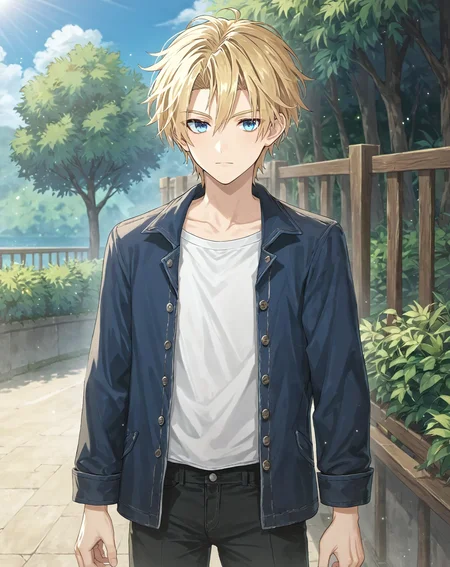 score_9, score_8_up, score_7_up, original style, depth of field, BREAK, rating_safe, 1boy, solo, yaoi, male focus, cowboy shot, skinny, <lora:brammashell_pony:1> brammashell_gc, blonde hair, blue eyes, short hair, hair between eyes, bangs, casual, pants, looking at viewer, facing viewer, outdoors, day,<lora:sdxl_lightning_8step_lora:1> <lora:xl_more_art-full_v1:0.5> <lora:Pony_DetailV2.0:1> <lora:Pony_QualityV4.0:1>
