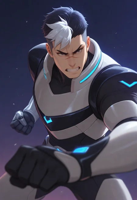 embedding:Illustrious\Positive\IllusP0s, embedding:Illustrious\Positive\IllustriousQual, embedding:SDXL\Positive\HDA_MasterpieceXLclassic, 1boy, male focus, solo, illushirogane, nose scar, undercut hair centered white bang, paladin armor, prosthetic arm, clenched teeth, fighting stance, dynamic angle, vfx dynamic angle, depth of field, best quality, high resolution, masterpiece.
