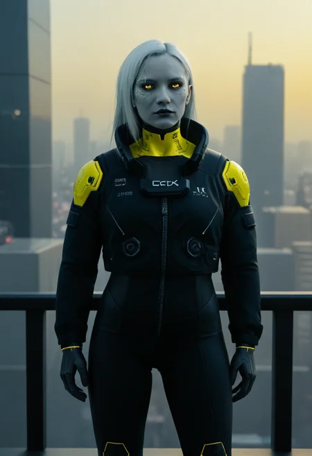 <lora:Marathon_-_graphic_realism-000002:0.5> Marathon style, mrthn, graphic realism,
cyberpunk, city,
1girl, adult, cowboy shot, android, white hair, 
yellow theme,