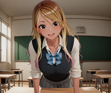 masterpiece, best quality, amazing quality, , 1girl, solo, looking at viewer, classroom, <lora:New Kizuna AI ILL-v2:1> newkizunaai, 3d,smile, open mouth, izumi mei, dark skin, blonde hair, multicolored hair, gradient hair, long hair, black eyes,gyaru, school uniform, black sweater vest, white shirt, collared shirt, blue bow, plaid bow, sleeves rolled up, grey skirt, pleated skirt, miniskirt