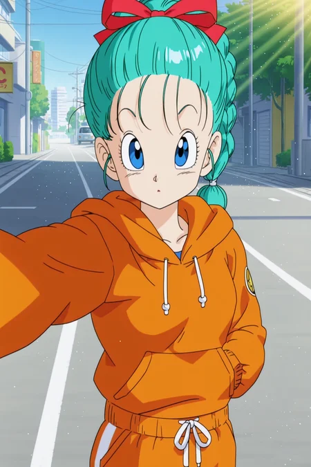 anime screencap, masterpiece, best quality, amazing quality, very aesthetic, absurdres, newest, (scenery, volumetric lighting),
bulma, dragon ball \(classic\), teenage, blue eyes, hair pulled back, aqua hair, hair ribbon, braid, single braid,
orange track suit, orange hoodie, orange sweatpants, city, road, day, blue sky, dappled sunlight, light particles, selfie, solo, 1girl, looking at viewer,
<lora:Bulma_XIL:0.8>