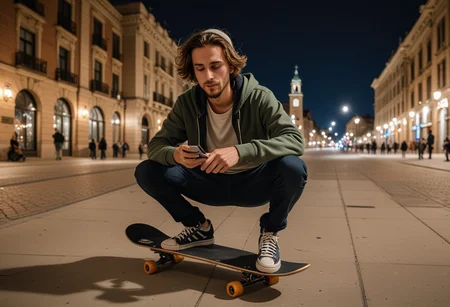(medium full shot) of (long shot , wide angle view) of skateboarder chatting on a smartphone, detailed face, located in an urban scene at a historic plaza during midnight with windy weather, illuminated by city glow, creating a lively atmosphere, Masterpiece,best quality, photo, realistic, very aesthetic,