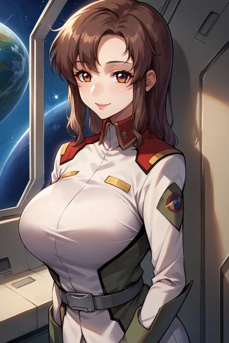 score_9, score_8_up, score_7_up, score_6_up, source_anime, BREAK 1girl, solo, <lora:murrue-pdxl-nvwls-v1-000005:1> murrue ramius, brown hair, white uniform, belt, white skirt, pantyhose, looking at you, space station, indoors, breasts, smile, upper body, outer space, (big breasts:0.6)