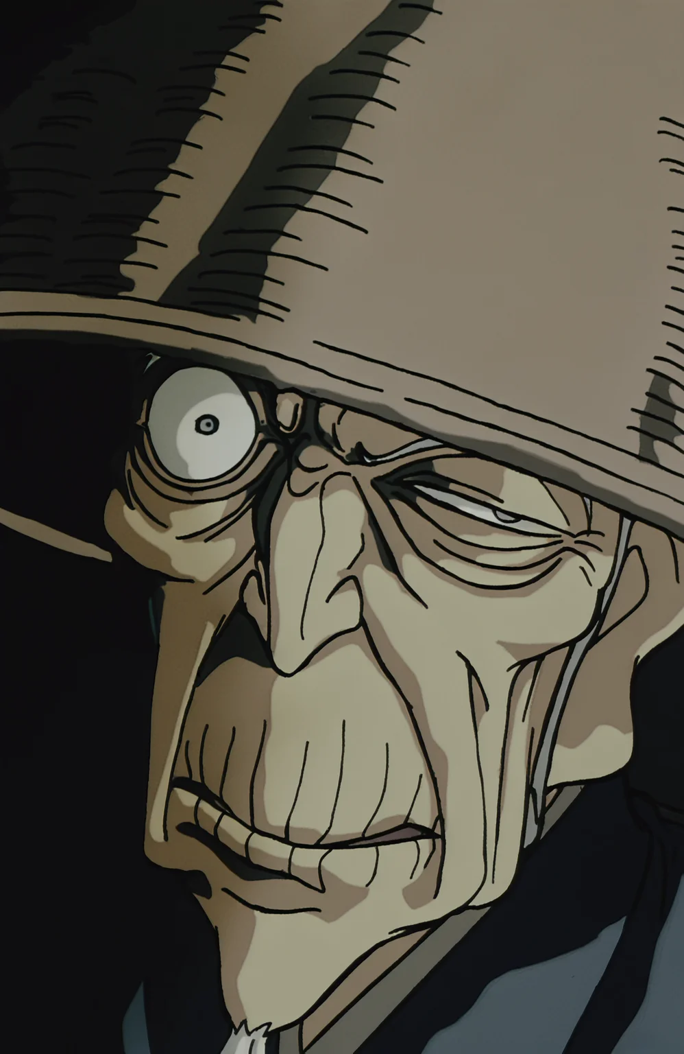 masterpiece, best quality, highres, highly detailed, watercolor \(medium\), (inked:0.5), (jaggy lines, bold outlines:0.5),
Dakuan \(Ninja Scroll\), 1boy, old man, grey hair, rice hat, japanese clothes, wrinkled skin, beard, huge smile, parody, uneven eyes, wall eyed,
anime screenshot, film grain,
<lora:Ninjascroll Illustrious 0.1:1>