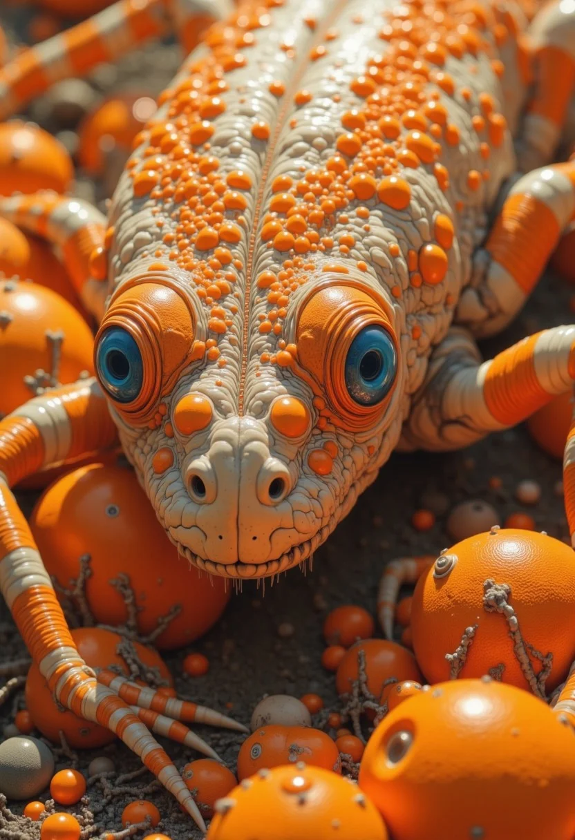 very detailed [ Tardigrade | Blood orange ] landing on Planet Earth, magical orange field background, fantasy orange style, intricate details, ultra sharp, exquisite detail, flawless composition, realistic, natural colors, masterpiece, award winning, circuit-pattern (oranges),