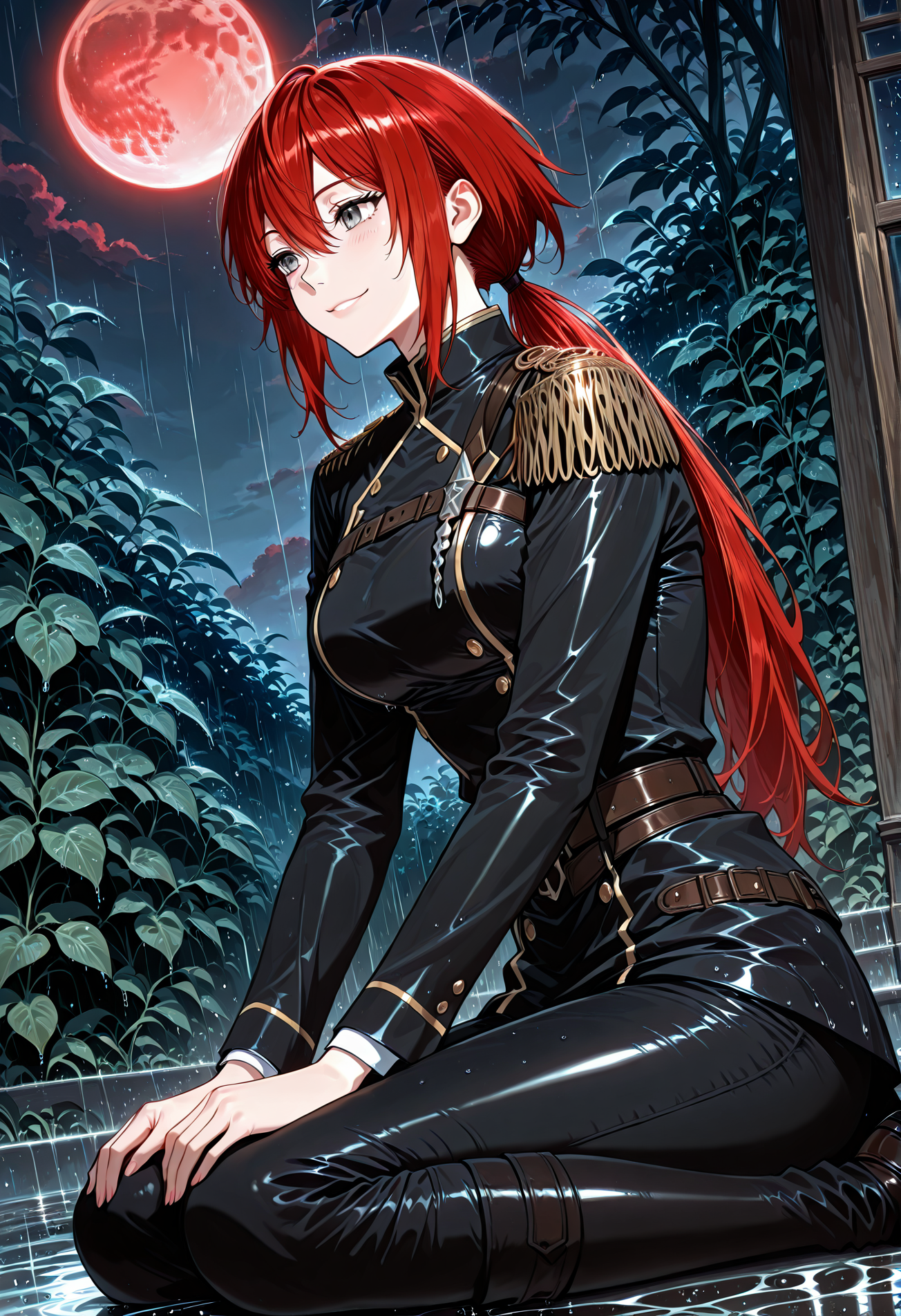 <lora:Claire_Bladeheart__The_Beginning_After_the_End__Illustrious:1>
1 girl, solo, grey eyes, red hair, ponytail, low ponytail, long hair, hair between eyes, bangs, black uniform, black jacket, black pants, epaulettes, long sleeves, belt, double-breasted,
score_9, score_8_up, score_7_up, very aesthetic, source_anime, detailed, high quality, beautiful, detailed eyes, masterpiece, best quality, absurdres, perfect anatomy, 1girl, solo, wariza, sitting, hands on own knees, garden background, charming smile, rain, night, red moon,  <lora:iLLMythG0thicL1nes:1>