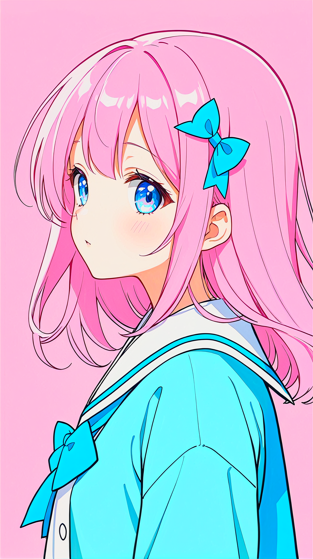 1girl ((kawaii)) Japanese Anime // Manga style Japanese Schoolgirl posing, viewed from the side, ((Colorful)) Pastel. Electric baby blues, light vibrant pinks, Extremely finely detailed, Very flat style, flat stylistically flat drawing flat