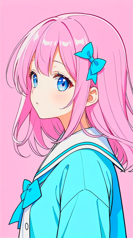 1girl ((kawaii)) Japanese Anime // Manga style Japanese Schoolgirl posing, viewed from the side, ((Colorful)) Pastel. Electric baby blues, light vibrant pinks, Extremely finely detailed, Very flat style, flat stylistically flat drawing flat