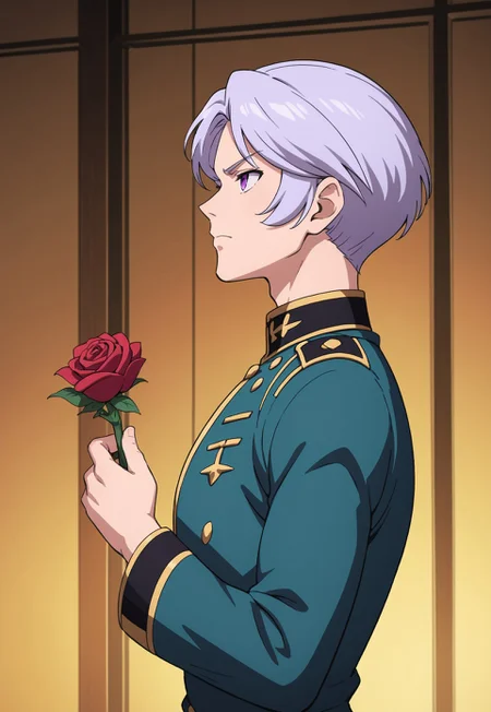 score_9, score_8_up, score_7_up, source_anime, side view, BREAK, ( angelo_sauper, purple eyes, gray hair, best eyes, looking up, zeon uniform, holding a rose, serious expression, ) 1boy, male focus, solo, BREAK, spaceship interior,
