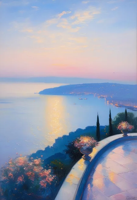 masterpiece, ArsMJStyle, impressionism, oil painting, distinct brushstrokes, textured canvas, style of Édouard Manet, oil painting, landscape, scene from a hilltop in Istanbul looking down over the Bosphorus straight as it empties into the Marmara sea. Blue hour, sunset. The sun is setting over a hilltop, with a large masque at the top. The mignonettes are visible in the distance. The Bosphorus straight runs from the lower left of the work toward the upper right, where it empties into the Marmara sea. The waters of the Bosphorus seem alive with the reflection of the setting sun and the swirls and movement of the fast running water. Bustling activity in Istanbul is seen to the right of the Bosphorus. The scene is highly detailed, bold brushstrokes, man in foreground, woman behind, unsigned