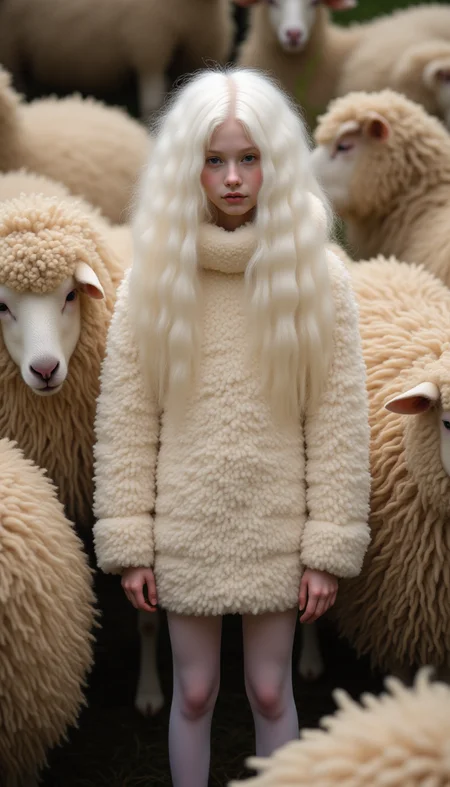 Skinny albino model from China with wensleydale sheep, hair covering her eyes, wears oversize very thick beige long wensleydale sheep’s clothes weaved into the wensleydale sheep next to her. Long-haired wensleydale sheep everywhere. Model matches the wensleydale sheep’s long wool