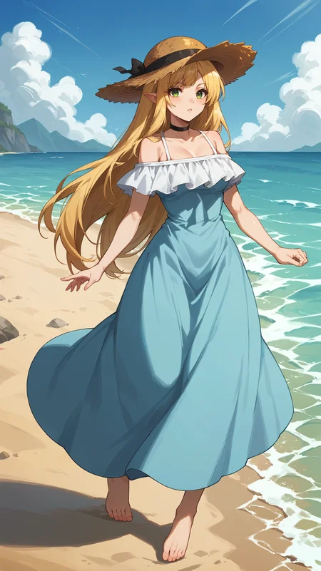 score_9,score_8_up,score_7_up,score_6_up, source_anime, zPDXL3, <lora:xl_more_art-full_v1:0.5>, girl, dynamic pose, finger heart, <lora:Efil - Pony-000004:0.8>, light blue dress, long dress, long hair, blonde hair, black choker, green eyes, straw hat, elf ears, bare shoulders, beach, seaside, ocean, waves, sand, blue sky, barefoot,