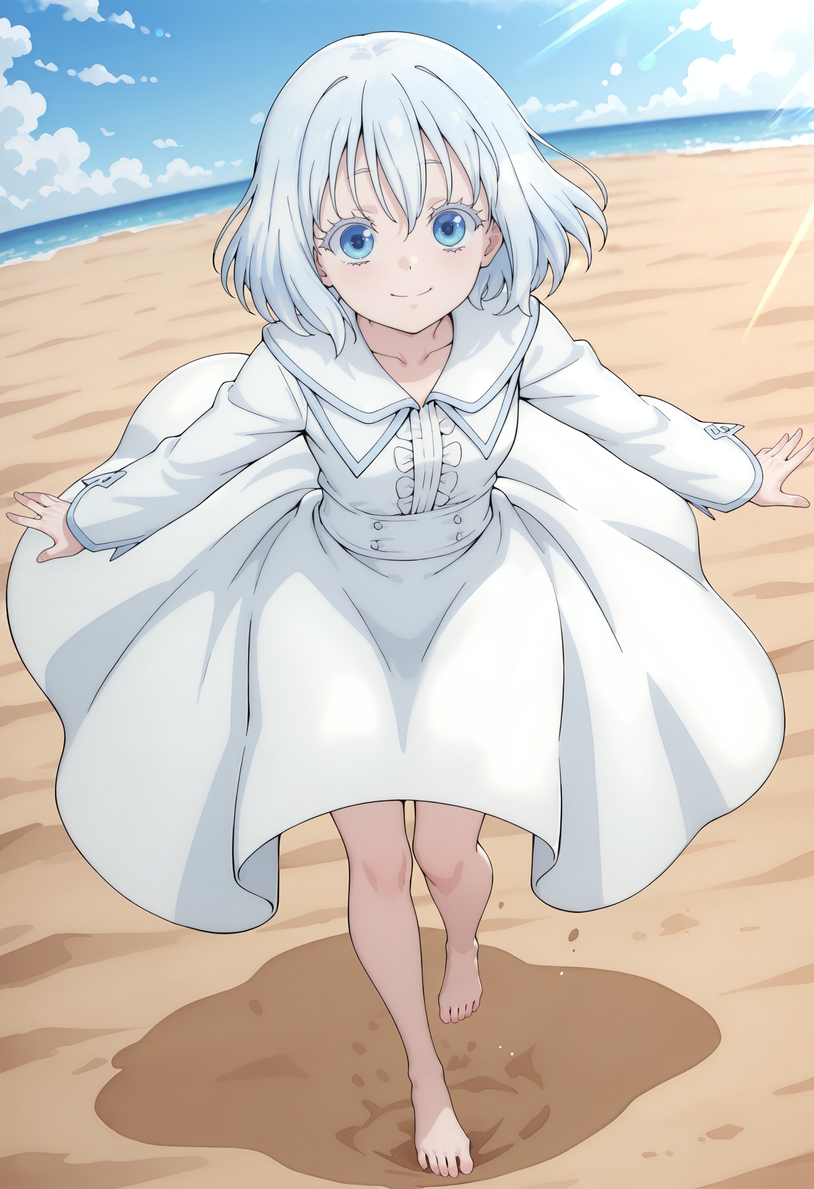 best quality, amazing quality, perfect quality, high quality, masterpiece, absolutely eye-catching BREAK
<lora:Sacrificial_Princess_and_the_King_of_Beasts_-_Sariphi:1> NiehimeSariphi, blue eyes, white eyelashes, white hair, short hair, wispy bangs, small breasts BREAK
white dress, long sleeves, barefoot BREAK
outdoors, sand, sunbeams, blue sky light particles BREAK
1girl, solo, spinning, floating clothes, from above, looking at viewer, smile, dutch angle