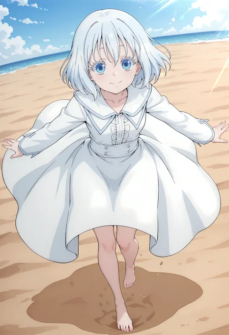 best quality, amazing quality, perfect quality, high quality, masterpiece, absolutely eye-catching BREAK
<lora:Sacrificial_Princess_and_the_King_of_Beasts_-_Sariphi:1> NiehimeSariphi, blue eyes, white eyelashes, white hair, short hair, wispy bangs, small breasts BREAK
white dress, long sleeves, barefoot BREAK
outdoors, sand, sunbeams, blue sky light particles BREAK
1girl, solo, spinning, floating clothes, from above, looking at viewer, smile, dutch angle