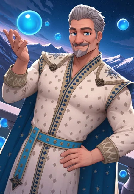 masterpiece, best quality, amazing quality, KingMagnific0, short hair, gray hair, blue eyes, facial hair, mustache, mature male, muscular, cape, white robe, blue belt, looking at viewer, smile, dynamic pose, detailed background, dutch angle, upper body, cowboy shot, balcony, night, fantasy kingdom, mountain range, clouds, stars, one hand on hip, floating blue orbs, bloom,